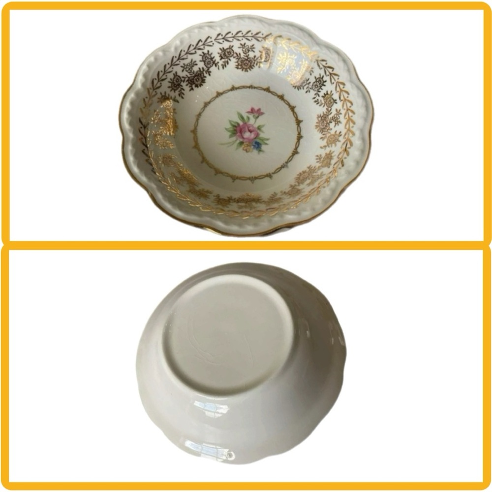 VTG 2 BERRY BOWLS IVORY PORCELAIN PASTEL FLOWER GOLD GILT PATTERN